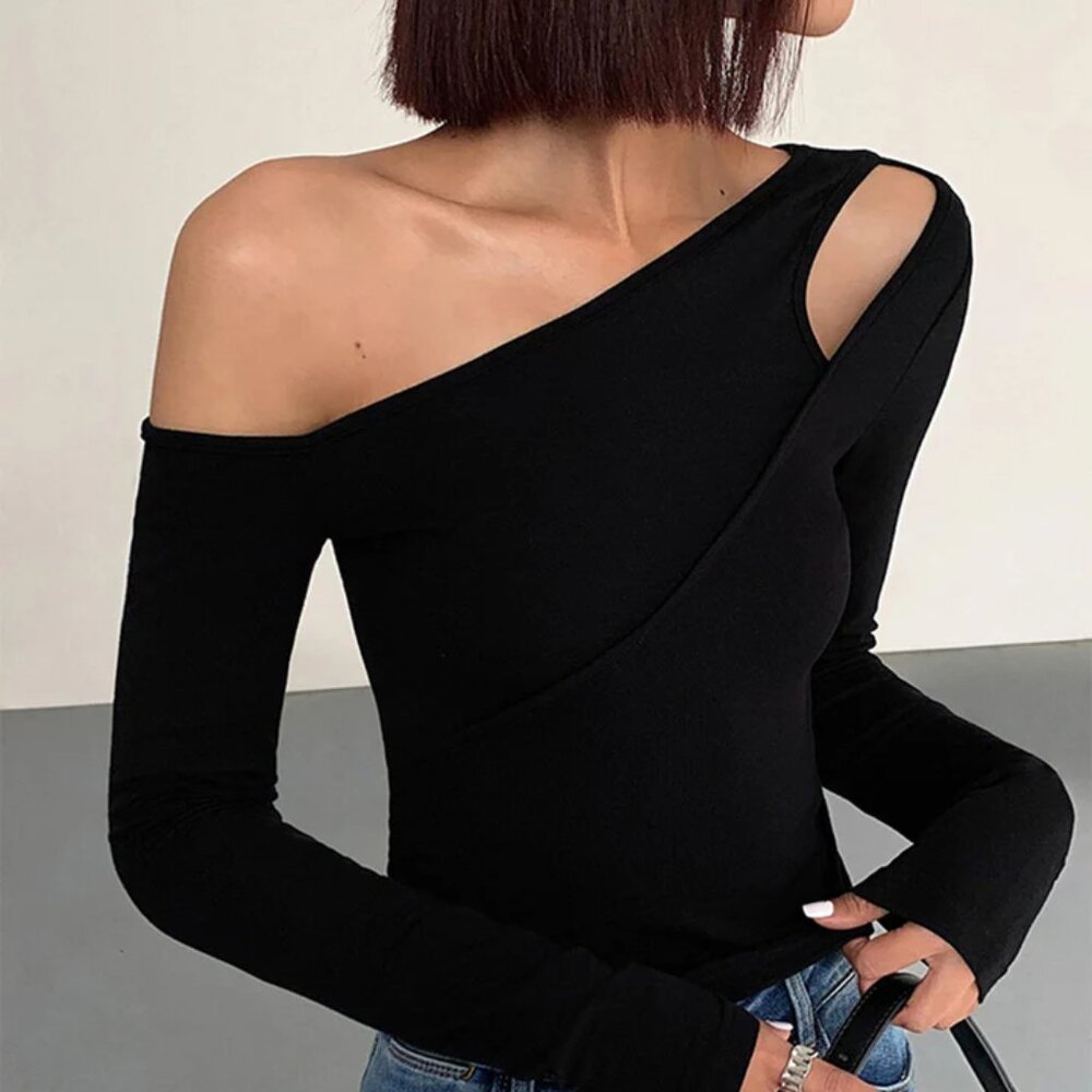 Cut Out Asymmetric Off Shoulder Slinky Long Sleeve Shirt
